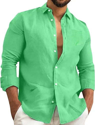 Vista 8 de Camisa de algodón y lino para hombre, manga larga, cuello liso, con botones, camiseta casual para playa y verano AG