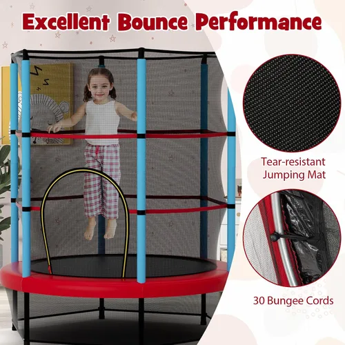 Vista 4 de Goplus Trampolín de 55 pulgadas para niños, cama elástica para niños con red de seguridad, diseño sin costuras, mini rebote recreativo