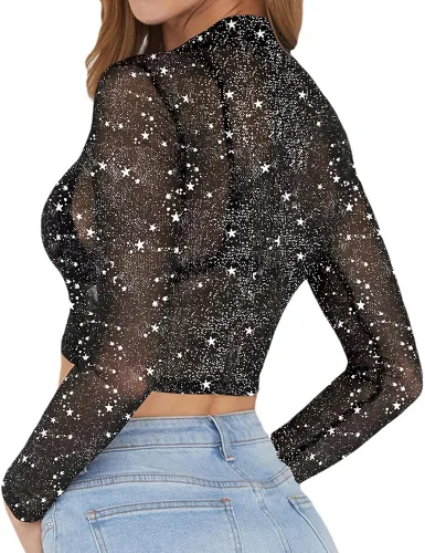 Vista 3 de MANGOPOP - Blusa corta de malla transparente para mujer, diseño de manga corta o larga