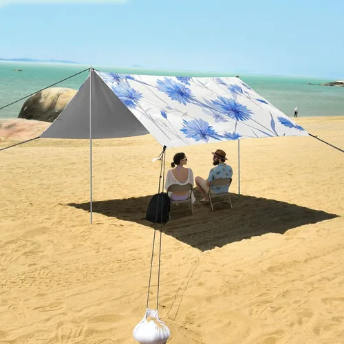 Vista 7 de Dreamy Light Blue Cornflowers Stable Beach Tent UPF50 Waterproof Large Sun Shelter with Sand Pockets for Camping, Fishing, Backyard Fun