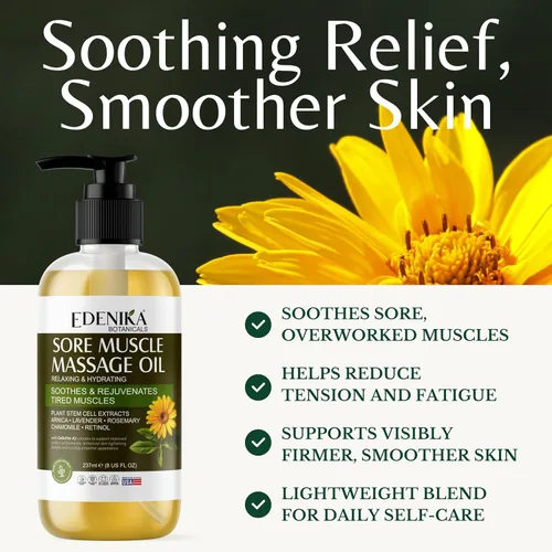 Vista 2 de Edenika Botanicals Aceite de masaje muscular de máxima fuerza para terapia de masaje con árnica pura, alivio profundo de tensión muscular y frote