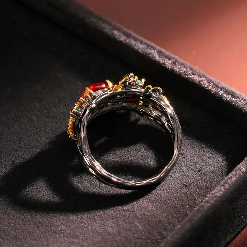 Vista 8 de Gothic Ruby Black Rings Women - Colorful Rhinestone Golden Leaf Copper Rings