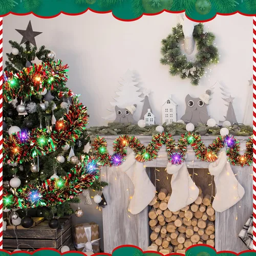 Vista 7 de Guirnalda de oropel de Navidad de 65.6 pies con tira de luces LED de 65.6 pies, oropel de torsión metálica, guirnalda de árbol colgante de Navidad