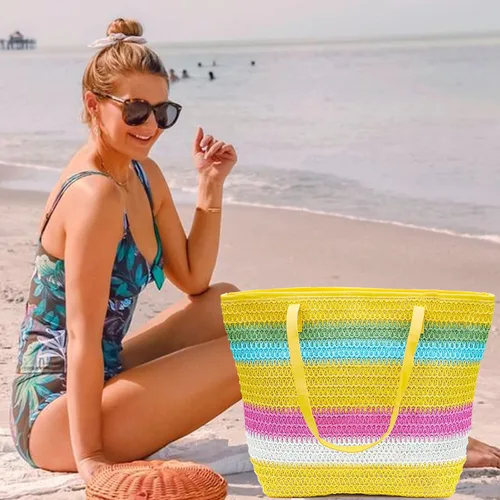 Vista 13 de Bolso grande de paja para mujer, tejido de ratán, bolso de playa de verano, a rayas
