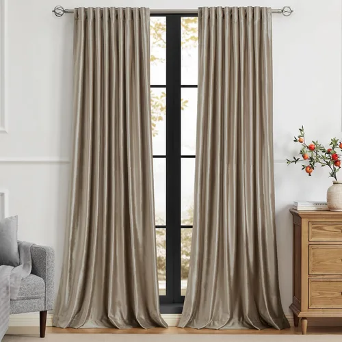 Vista 27 de PRIMROSE Cortinas de terciopelo champán de 63 pulgadas de largo para sala de estar, juego de 2 paneles opacos, bolsillo para barra, pestaña trasera