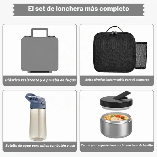 Vista 6 de Caja de almuerzo Bento para niños con termo para sopa de 8oz, botella de agua, contenedores de comida para almuerzo a prueba de fugas para niños