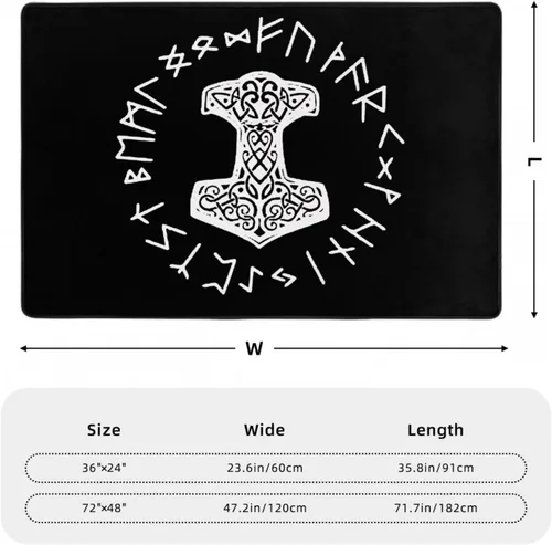 Vista 2 de Vikings Mjolnir and Rune Wheel - Alfombra de área con símbolo de mitología nórdica, sala de estar, dormitorio, cocina, sofá, mesita de noche, 36 x