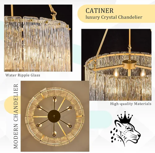 Vista 4 de CATINER Candelabro de cristal de 20 pulgadas, moderno, 6 luces, lámparas de tambor dorado, iluminación colgante de techo de lujo para entrada