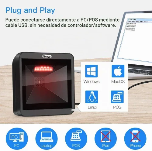 Vista 4 de Eyoyo Escáner automático de código de barras QR 1D 2D manos libres