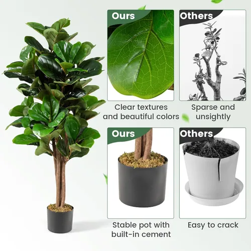 Vista 5 de Happygrill Árbol de vegetación artificial de 4 pies, plantas de higuera de hoja de violín falsa para interiores en maceta, árbol de ficus lyrata