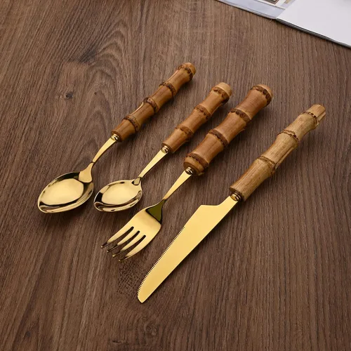 Vista 2 de Juego de cubiertos de mango de bambú natural, juego de cubiertos de acero inoxidable para 4, tenedores, cucharas, cuchillos para uso diario, 16