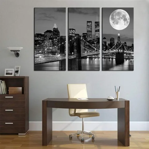 Vista 5 de Biuteawal Arte de pared de horizonte de Nueva York, puente de Brooklyn, luna y vista nocturna, lienzo impreso en lienzo de ciudad en blanco y negro