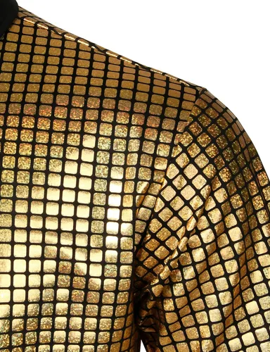 Vista 5 de JOGAL Camisa de vestir para hombre de lentejuelas plateadas manga corta botones hacia abajo de los años 70