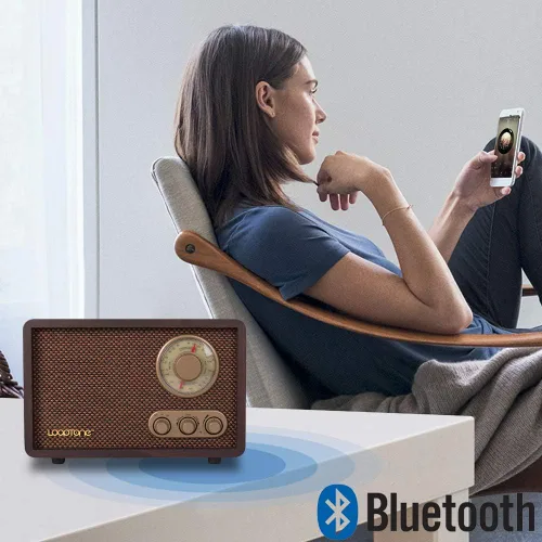Vista 2 de LoopTone Radio FM AM Radio retro de madera con Bluetooth Play MP3 y antena integrada altavoz para cocina, sala de estar, café