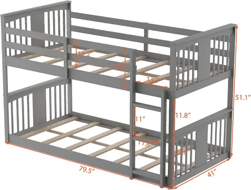 Vista 2 de Litera de suelo individual sobre individual, litera baja de madera con escalera, para niños y niñas (gris)