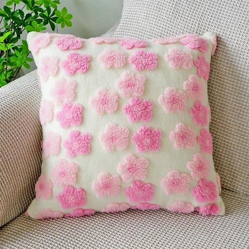 Vista 2 de Funda de almohada de forro polar bereber de gamuza camelia, funda de cojín tridimensional de flores para sala de estar, sofá, oficina, cabecero Rosa