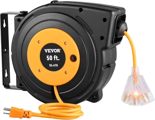 Vista 19 de VEVOR Carrete de cable de extensión retráctil de 25 pies resistente 14AWG