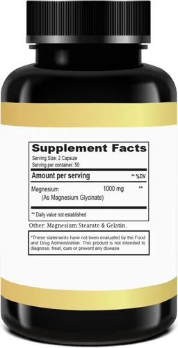 Vista 2 de Glicinato de magnesio 500 mg por cápsula (1000 mg por porción), suplemento mineral esencial para la salud muscular, el sueño y el corazón