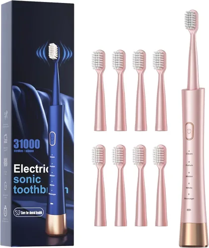 Vista 11 de AJELU cepillo de dientes eléctrico sónico impermeable IPX7, carga rápida de 2 horas con recordatorio de tiempo inteligente, 5 modos, 8 cabezales