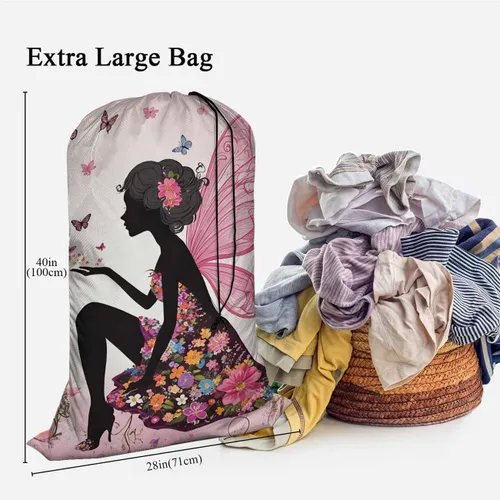 Vista 3 de Swono Bolsa de lavandería extra resistente, diseño de hada de mariposa, diseño de flores de caricaturas, extra resistente, bolsa de ropa sucia
