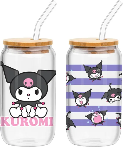Vista 14 de Silver Buffalo Sanrio - Vaso de vidrio con tapa de bambú y sorbete de vidrio de fotos de Badtz-Maru, 16 onzas