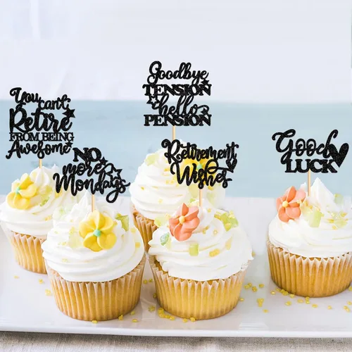 Vista 4 de 25 piezas de adornos negros con purpurina para cupcakes de buena suerte, no más lunes, deseos de jubilación, despedidas, tensión, hola, pensión