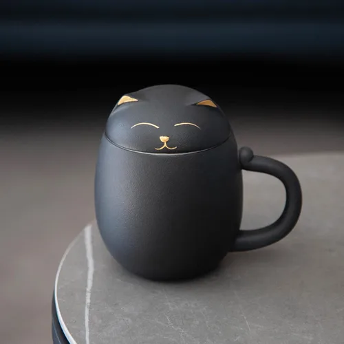 Vista 8 de HEER Taza de té para gatos con infusor y tapa, taza de té de cerámica de 13.5 onzas, regalo para amantes de los gatos para amigos y familia (negro)