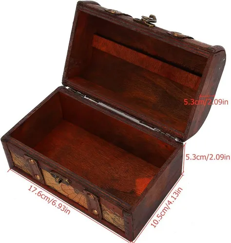 Vista 2 de Cofre del tesoro pirata caja de madera decorativa hecha a mano caja de almacenamiento de joyas para decoración del hogar Mapa