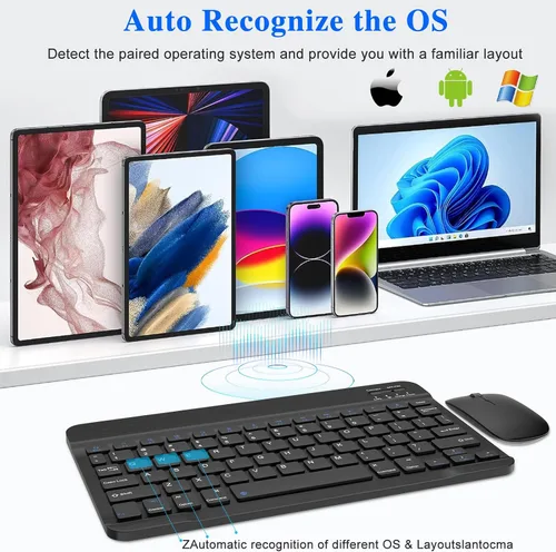 Vista 9 de Combo de teclado y mouse Bluetooth, diseño QWERTY, teclado inalámbrico ultradelgado de 10 pulgadas, sin retrasos, teclado silencioso compatible
