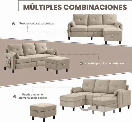 Vista 6 de Sofá modular convertible, pequeño en forma de L de 3 asientos con diván de almacenamiento reversible, sofá moderno de tela de poliéster para sala