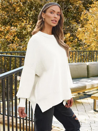 Vista 5 de Lillusory - Suéter extragrande con mangas de murciélago y cuello redondo para mujer, prenda moderna de otoño de tejido de punto sin botones