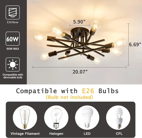 Vista 3 de ASGYISA Lámpara de Techo Semiempotrada de 8 Luces, Candelabro Sputnik de Metal Vintage Moderno Negro, Lámpara de Techo para Dormitorio Cocina