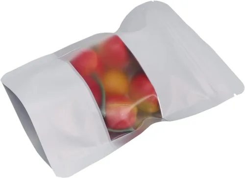 Vista 3 de 100 bolsas aluminizadas con cremallera con ventana transparente, bolsas selladas para alimentos blancos para almacenamiento para frutos secos, té