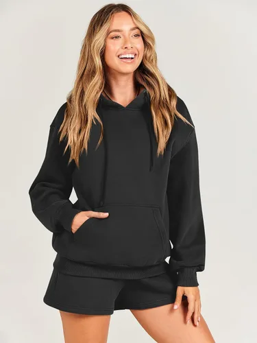 Vista 2 de ANRABESS Conjunto de 2 piezas para mujer, sudadera corta con cordón y capucha de gran tamaño, conjunto a juego