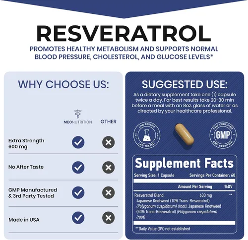 Vista 3 de Resveratrol 600mg – 60 cápsulas Suplemento antioxidante Sin OMG, sin gluten, vegano Apoya el bienestar y la vitalidad Fabricado en Estados