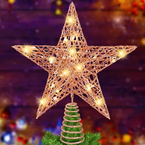 Vista 9 de DULEFUN Estrella LED de 11.8 Pulgadas para la Punta del Árbol - Adorno de Metal Dorado con 20 Luces para Decoración de Árbol de Navidad y Decoración
