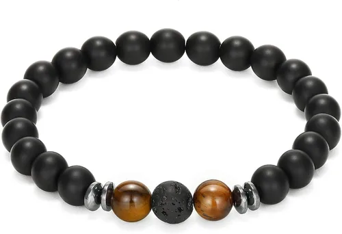 Vista 7 de MengPa - Pulseras de cuentas con cuentas de piedra volcánica mate y roca de lava elástica para hombre y mujer