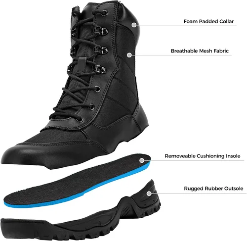 Vista 3 de WIDEWAY Botas de trabajo tácticas militares de 8 pulgadas con cremallera lateral ligeras de combate del ejército botas de trabajo duraderas