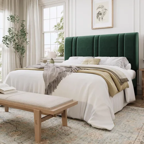 Vista 17 de SHA CERLIN Base de cama de plataforma de tamaño completo, cama tapizada de terciopelo con cabecera ajustable, diseño capitoné de canal vertical