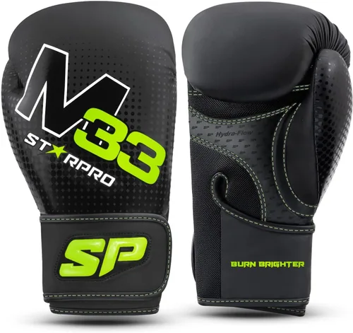 Vista 7 de Starpro Guantes de boxeo con cierre seguro de gancho y bucle para hombres y mujeres, Muay Thai Training Sparring 8oz, 10oz, 12oz, 14oz, 16oz Negro