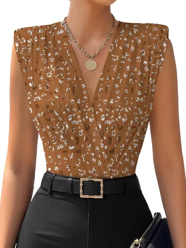 Vista 10 de LYANER - Leotardo sin mangas con cuello en V y fruncidos para mujer, con cinturón leopardo blanco