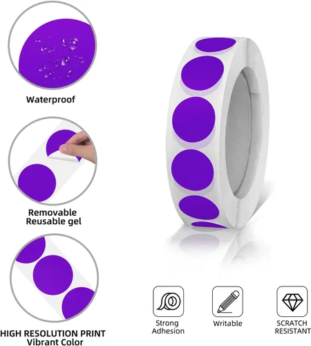 Vista 5 de Calcomanías redondas moradas de 0.50 pulgadas con código de color, impermeable, rollo extraíble de 1000 unidades Púrpura