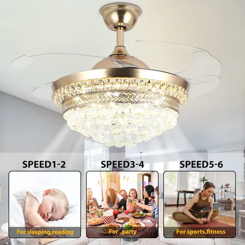 Vista 5 de Lámpara de techo invisible de 42 pulgadas con luz, ventilador de techo de cristal moderno, control remoto, 4 aspas retráctiles de ABS para Dorado