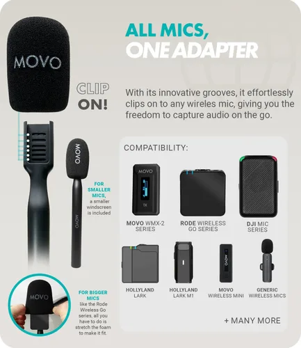 Vista 4 de Movo WMX-HM - Mango de micrófono para DJI Mic, Rode Wireless GO, Hollyland Lark y más - Mango de micrófono inalámbrico para entrevista - Adaptador