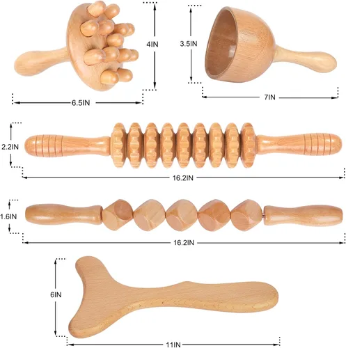 Vista 6 de Komogir Herramientas de masaje de terapia de madera, masajeador de drenaje linfático 5 en 1, kit de maderoterapia, masajeador de madera