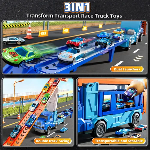 Vista 3 de Juego de camiones y coches para niños de 3, 4, 5, 6, 7, 8 años, juego de camiones transportadores con pista de 12 coches fundidos a presión