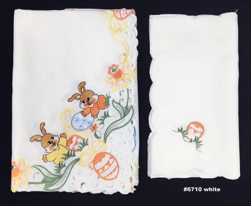 Vista 2 de Creative Linens Mantel floral de huevo de Pascua bordado, 68 pulgadas, redondo con 8 servilletas, color blanco