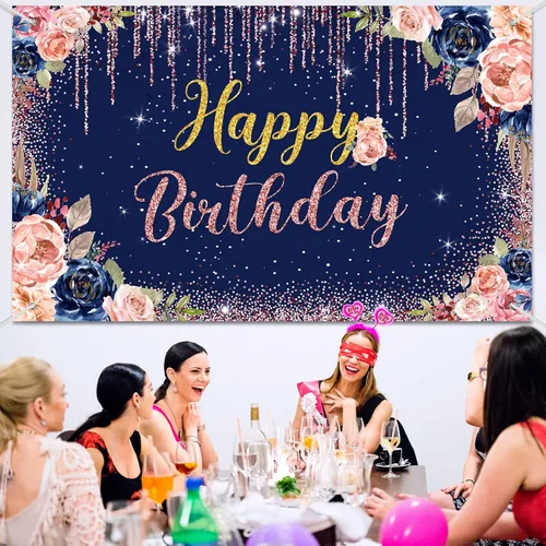 Vista 6 de Decoraciones de fondo de feliz cumpleaños para mujeres, suministros de fiesta, telón de fondo de rosa, fotografía para niñas y niños, pancarta