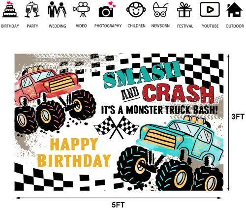 Vista 5 de Ticuenicoa Grave Digger - Fondo de cumpleaños de Monster Truck – Fondo de cabina de fotos con diseño de llama de 5 x 3 pies para niños, decoración