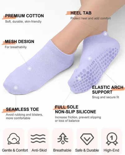Vista 4 de Calcetines de pilates con empuñaduras para mujer, calcetines antideslizantes para yoga, barras, ballet, baile, entrenamiento descalzo, hospital